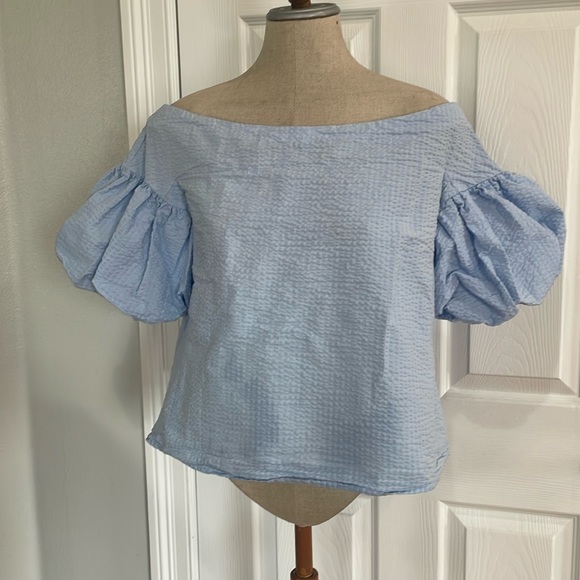 H&M blouse off the shoulder puff sleeves top textured cotton blue womens size 12 - Picture 1 of 9